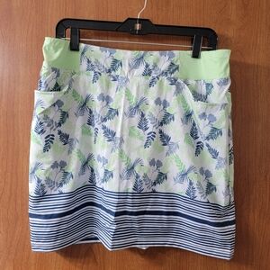Tee Time Skort White/Green/Blue Floral Leaf Pattern With Stripes Size Large